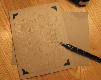 Thank You Card, Embossed, Kraft Paper, Black Photo Corners, Handmade, Masculine, Inked Edges. Blank Card, Thank You, Greeting Card, Black