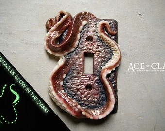 Glow in the Dark Octopus Tentacle Light Switch Cover sculpture wall home decor housewares grunge polymer clay handmade metallic ooak plate