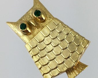 Avon Gold Owl Solid Perfume Brooch - Vintage 60s Somewhere Perfume Glacé, Green Rhinestone Eyes