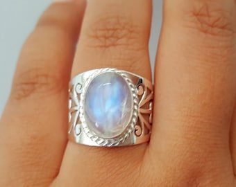 Genuine Moonstone Ring - Boho Ring - Gypsy Ring - Tribal Ring - Sterling Silver Moonstone Jewelry - Tibetan Nepal Jewelry