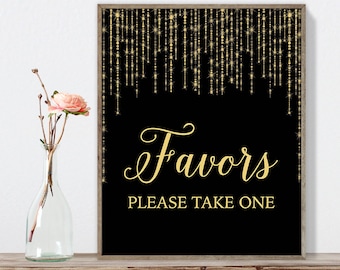 Favors Sign DIY / Please Take One / Gold Wedding Sign / Great Gatsby, Bokeh String Light / Black and Gold Calligraphy ▷Instant Download JPEG