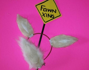 Custom Tan and White Faux-Fur Fawn Ears and Tail Set with Xing Sign
