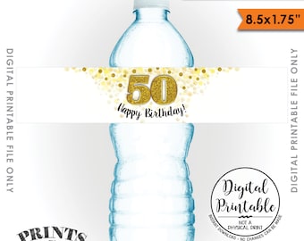 Water Bottle Labels, Printable 50th Birthday Party Decoration, Five 8.5x1.75” labels per 8.5x11” Sheet Instant Download Printable File
