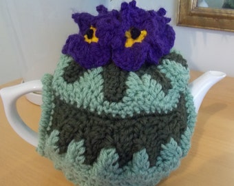 Purple Pansy Tea Cosy, handmade crochet, sized to fit a 4 cup pot