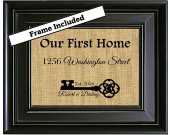 FRAMED Personalized House Warming Gift Skeleton Key Our First Home Burlap Print Personalized Address Sign New House Gift New Homeowner