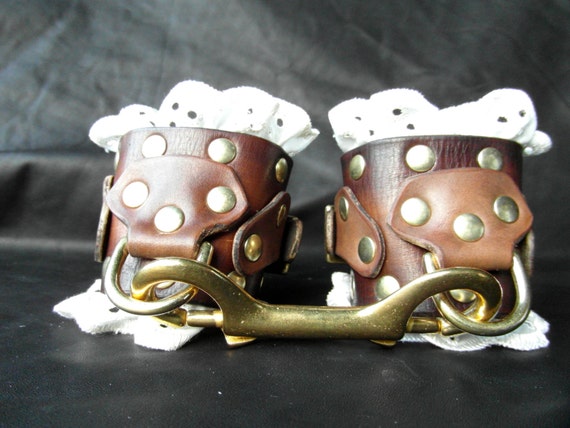 25% OFF Xmas Sale, Steampunk leather & cream lace BDSM cuffs, BDSM Submissive Cuffs, Restraints, Frilly Handcuffs, sissy, fetish, sexy gift by TheLeatherLaboratory steampunk buy now online