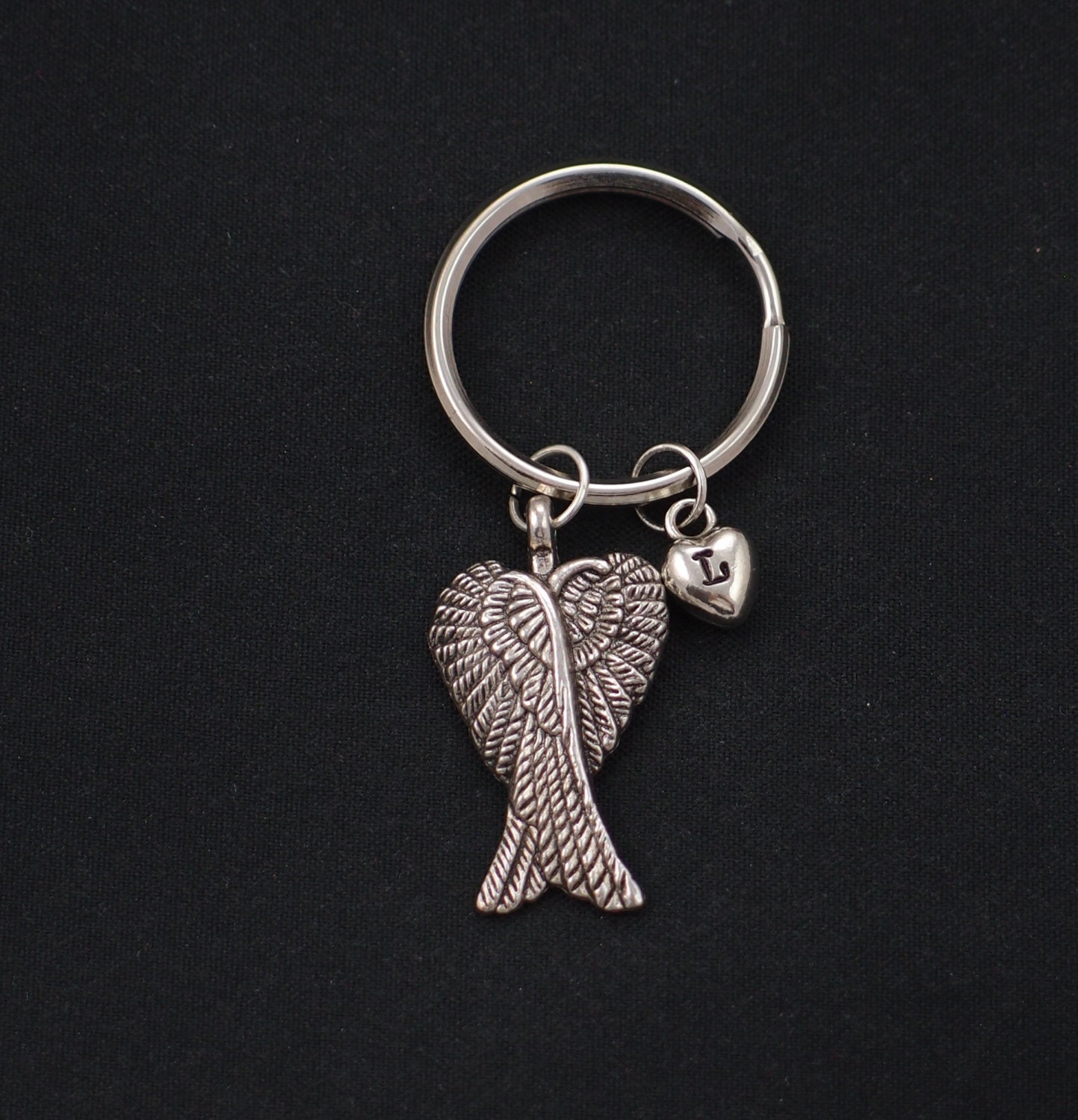 wing keychain initial keychain silver angel wing keyring