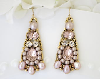 Wedding earrings, Gold and blush chandelier earrings, Swarovski crystal and pearl bridal earring, Pink and champagne statement earring
