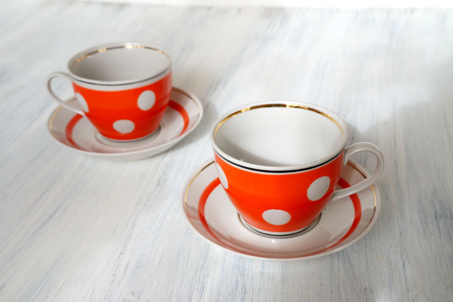 Red polka dot tea cups and saucers Set of 2 Vintage Porcelain