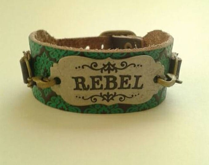 Leather Men's Bracelet, Green and Brown Bracelet, Statement Piece, Men and Women Wristband, Rebel Symbol, Sliver and Gold Embellishments,New