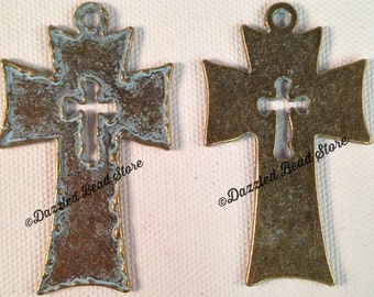 Antiqued Bronze PATINA blue double CROSS PENDANT 60mm