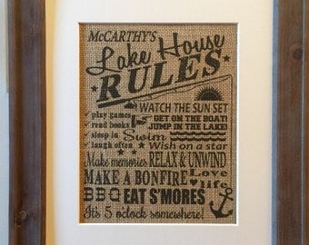 Lake House Family Rules Burlap Print, Rustic Lake House Rules, Personalized Lake Decor, Burlap Family Rules, Lake House Housewarming Gift
