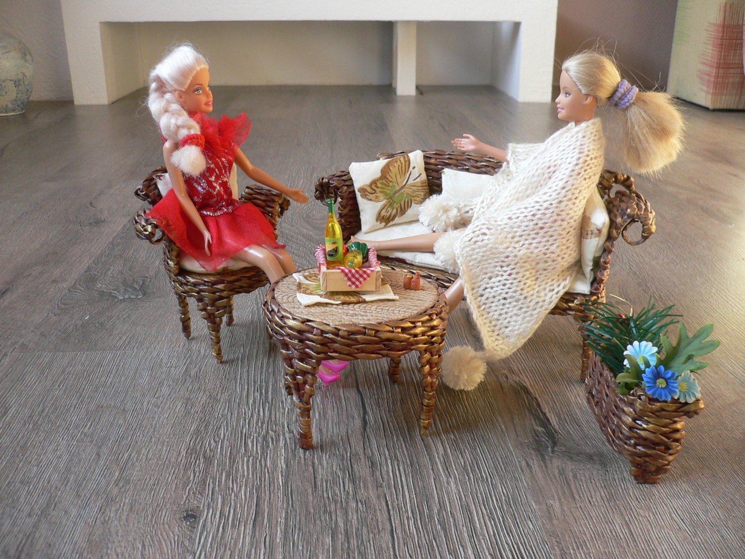 Barbie Doll Wicker Patio Furniture Handmade Set Brown & Gold
