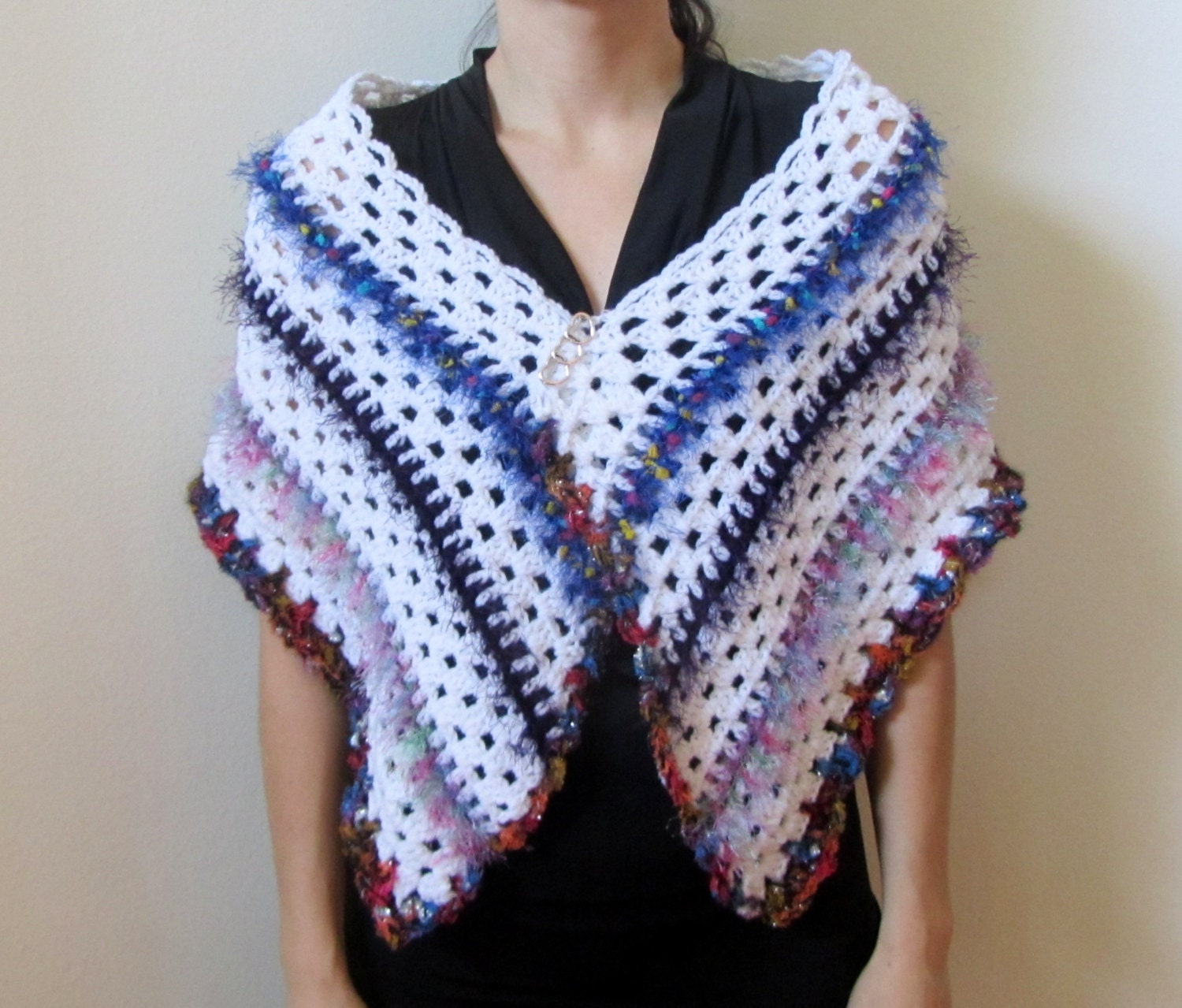 Crochet Shawl White Shoulder Wrap with color by ElenisCrochet