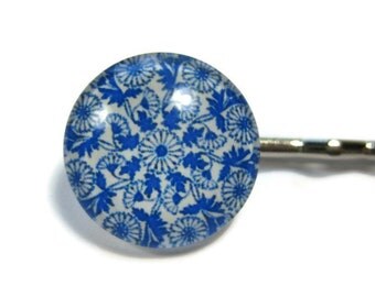 Blue and White Floral Bobby Pin Set of 2