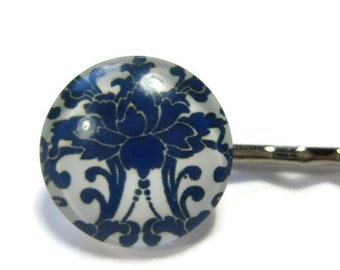 Blue and White Floral Bobby Pin Set of 2
