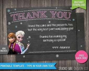 Frozen Thank You Card - INSTANT DOWNLOAD - Printable Chalkboard Disney Frozen Birthday Thank You Note - DIY Personalize & Print - (FRty01)