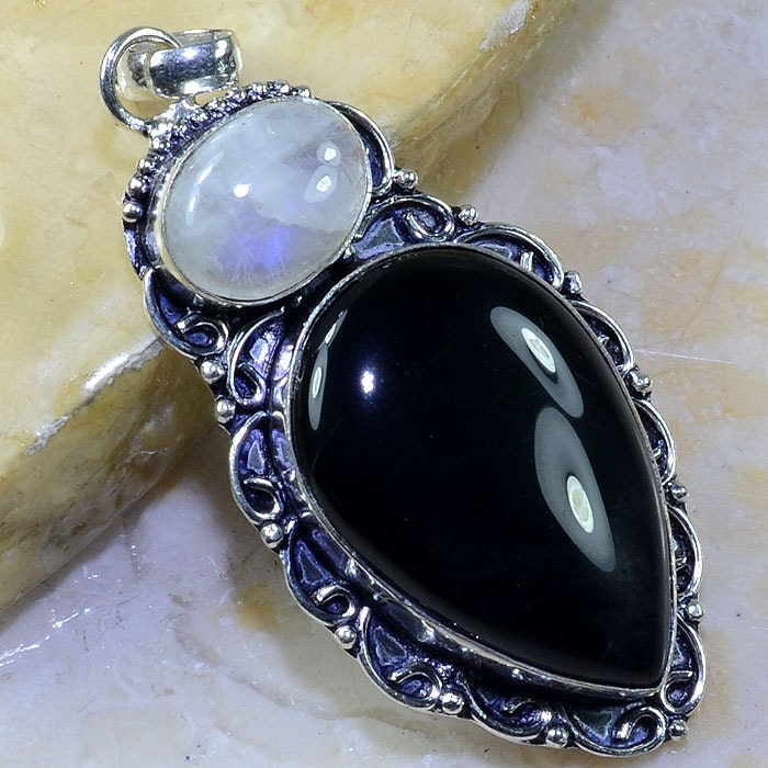 Black Onyx and Rainbow Moonstone Sterling Silver Pendant 2