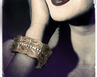 Hollywood Glam~Vintage Mesh Bracelet~Golden Rhinestone Glitz