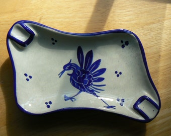 Blue and White Clay Ashtray; Mexico Blue Pottery; Trinket Dish; Cobalt Blue Bird Ashtray; Terracotta Dish