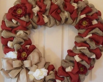Red, Cream and Beige Bubble Burlap Heart-Shaped Wreath with Zinnias and Peonies; Burlap Wreath with Flowers; Love Wreath; Love Decor