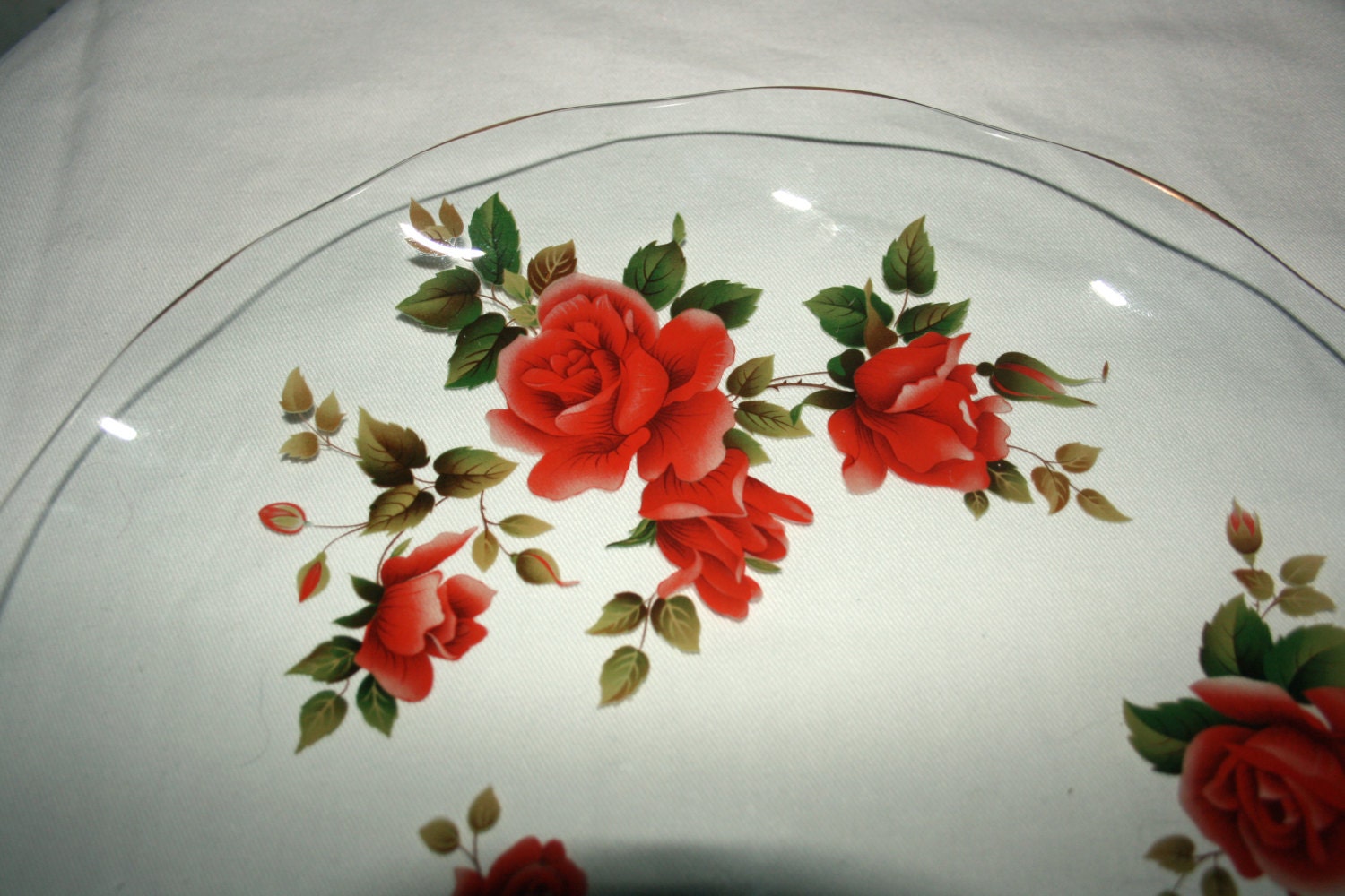 Vintage Glass Rose Plate Ruffled Dish with Red Roses on Clear Glass