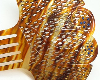 Vintage Large Faux Tortoise Shell Celluloid Plastic Hair Comb with Rhinestones, Vintage Hair Comb, Tiger Stripe, Amber & Blue Rhinestones