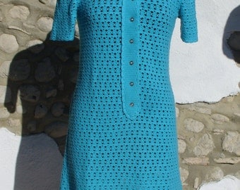 Vintage Knitted Dress. 1960s Retro Mod Dress in Aqua Blue. 60s Handmade Crochet Dress