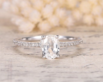 White Sapphire Engagement Ring,14K White Gold,5x7mm Oval Cut stone,Diamond Wedding Band,Pink Sapphire,Morganite Available