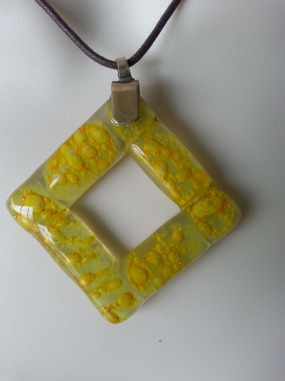 Handmade jewelry Necklace Fused Glass Art. Yellow Pendant.