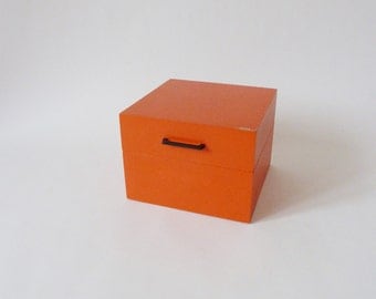 Index card box, wooden box, 70's vintage, box orange