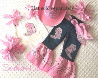 Pink Western Wear Bandanna Country Cowgirl 5pc. Set Outfit Girls Custom Boutique Pageant 12mo - 14 WesternWear New Nwt