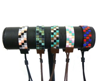 Miyuki Tila woven bracelet finished with ultra suede black brown ibiza bohemian style bold summer colors native