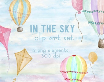Hot air balloons clipart set watercolor hot air balloons flying kite elements pastel baby blue lilac pink yellow pastel watercolor clip art