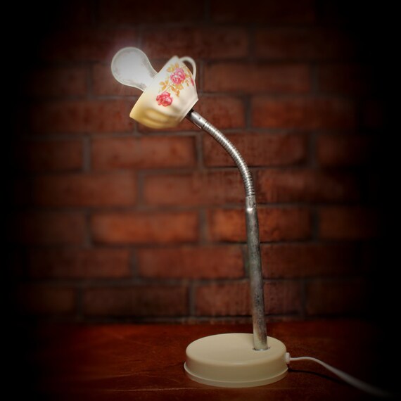 Pink and White Tea Cup Lamp goose neck Lamp by Lightenstein