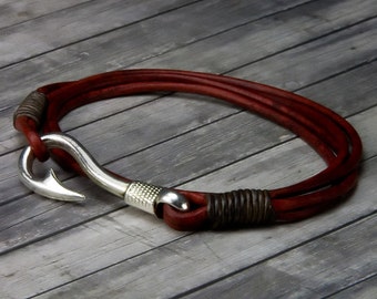 Fish Hook Leather Bracelet – Leather Wrap Bracelet - Leather Bracelet - Mens Leather Bracelet - Womens Leather Bracelet – Fish Hook Jewelry