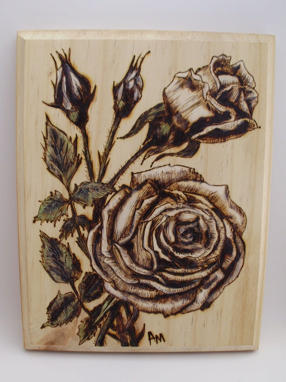 Handpainted Wood Burned Floral Rose Design. Pyrography. Wood | Etsy