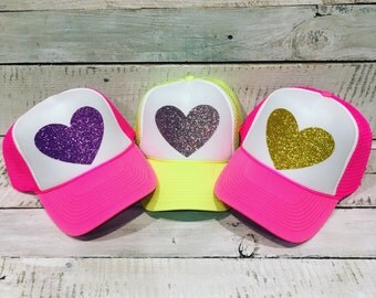Heart Trucker Hat, Sparkly Heart Trucker Hat, Cute Trucker Hat, Girls Trucker Hat, Striped Trucker Hat