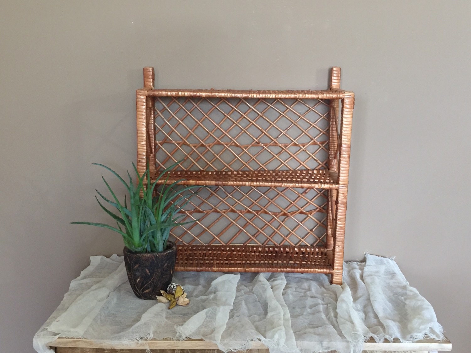 Vintage Rattan Two Tier Wall Shelf / Vintage Wicker Shelf