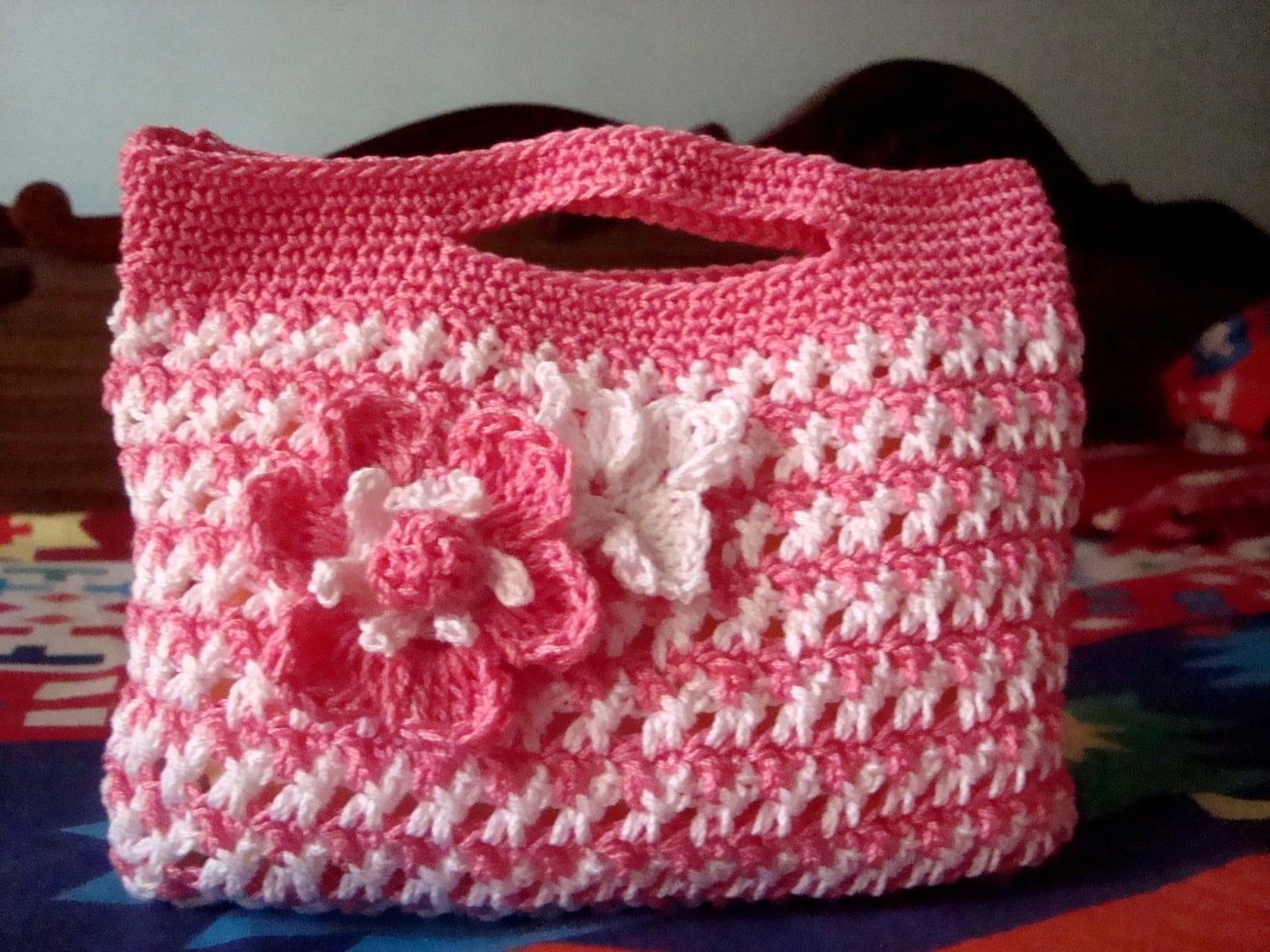 Crochet small gift bag with flower Handmade by MyRoseCrochet