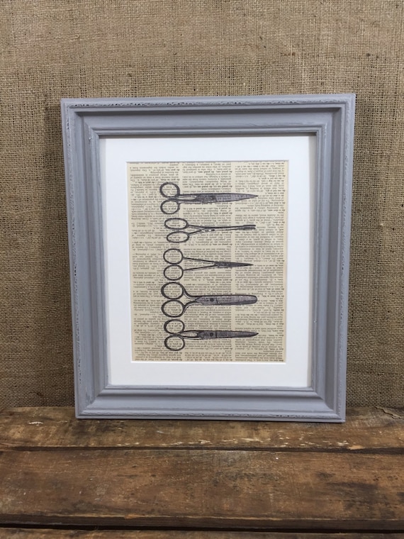 VINTAGE Style SCISSOR PRINT - Grey Framed 10 x 12 Mounted Dictionary Book Page Print / Barbers Gift / Hairdresser Gift / Craft Gift Idea