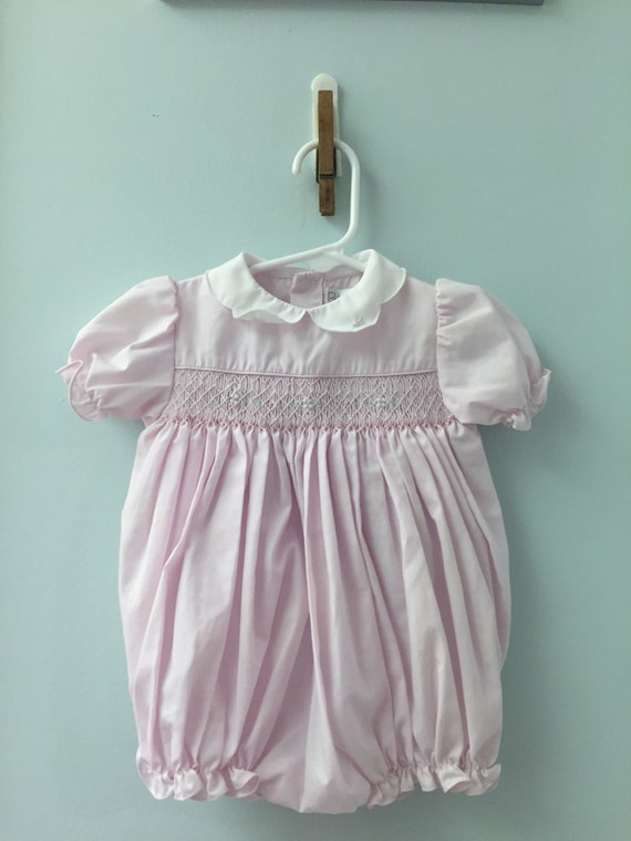 3 month, Vintage Classic Baby Clothes, Precious Pale Pink Bubble Romper, Smocked with Floral Design