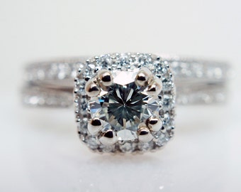 Vintage Style Diamond Engagement Ring and Diamond Wedding Band Bridal Set! wedding ring set Cathedral Halo Solitaire in 14k White Gold