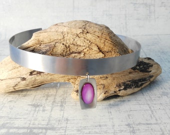Space Age Necklace - Dramatic Metal Choker - Purple Pendant - Stainless Steel Pendant- SciFi Necklace - Gift for Her - Signature Chain