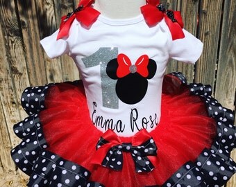 Birthday tutu, Minnie Mouse tutu, ribbon trim tutu, disney inspired tutu, personalized shirt, red tutu