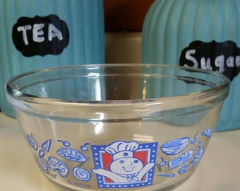 Pilsbury Doughboy Small Mixing Bowl/Anchor Ovenware 1 Qt/Pilsbury Promo/Clear Glass/Retro Design/Vintage 1994/Retro Kitchen Decor/Glass Bowl