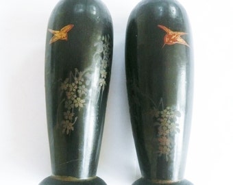 Antique Japanese incense burner, lacquered wood incense stick burners, vintage Asian incense stick holders, blossoms and birds