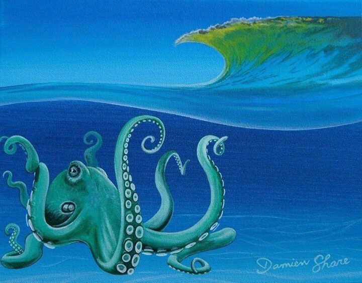 Surfing Octopus 8x10 Print Florida Tropical Fish Sea
