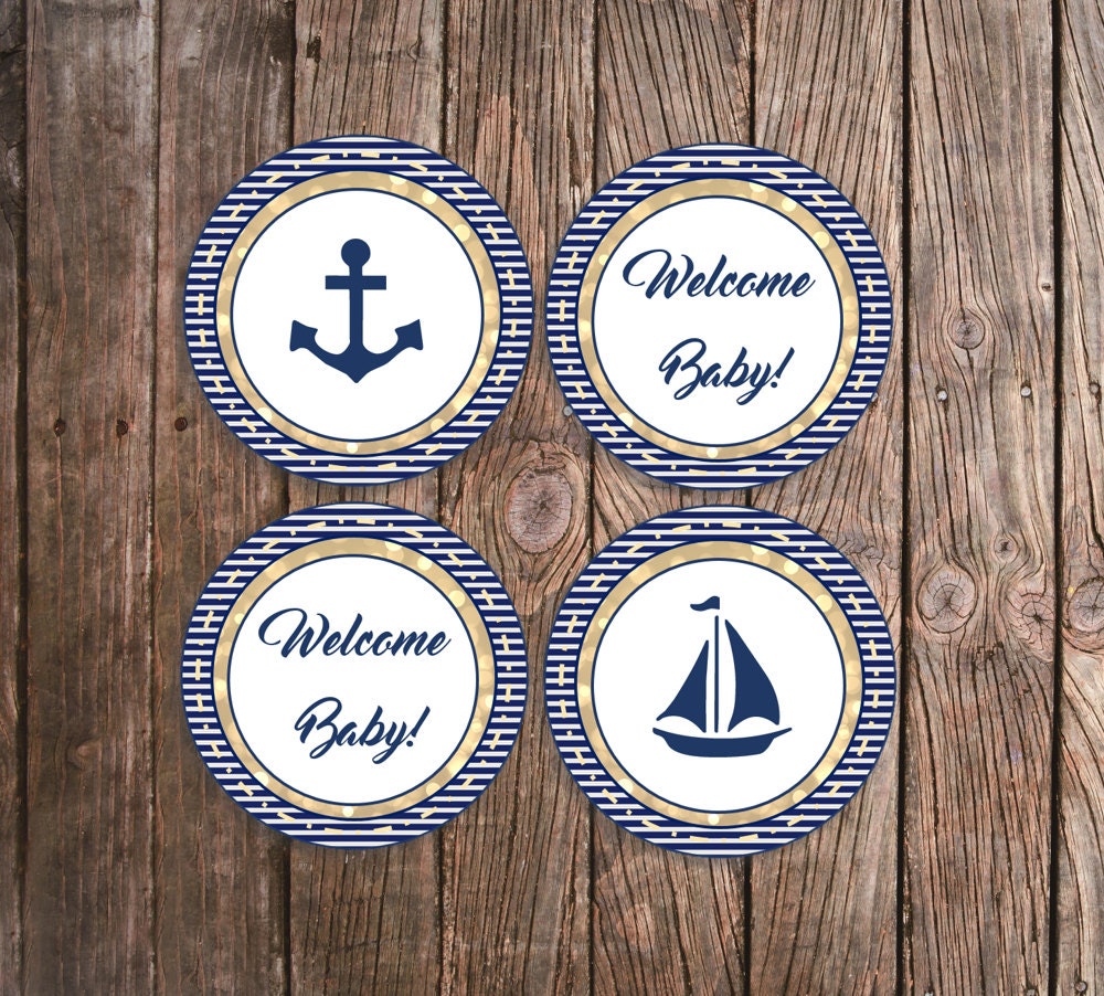 Nautical Cupcake Toppers Baby Shower Digital Download Navy
