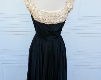 50's/60's Black Taffeta Party Dress w/stain rhinestone flower applique collar & red taffeta under lining